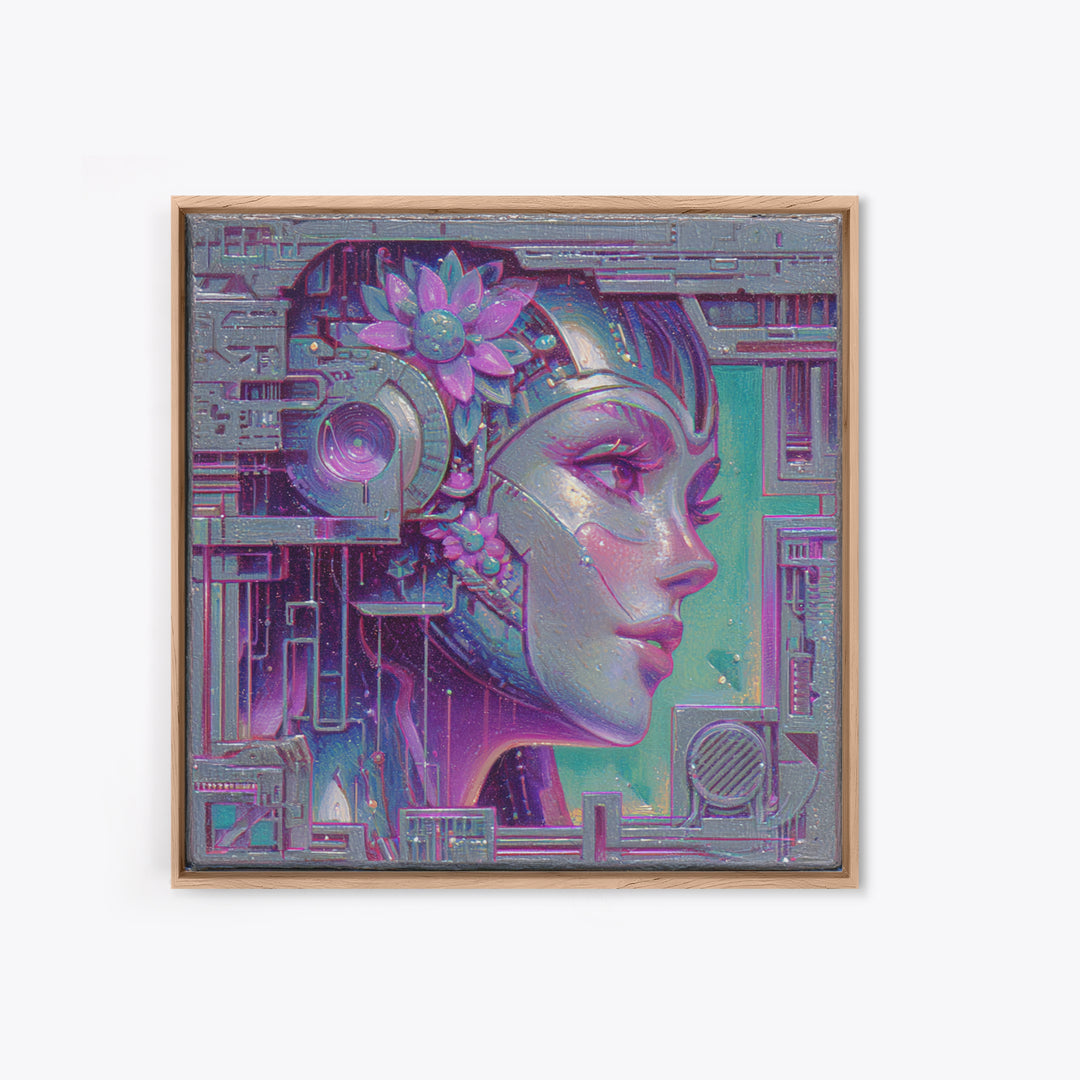 Android Woman with Glowing Circuitry and Flowers Canvas Print, Cyberpunk Art, Blue Wall Art, Living Room Decor, Neon, CYB-1x1-27
