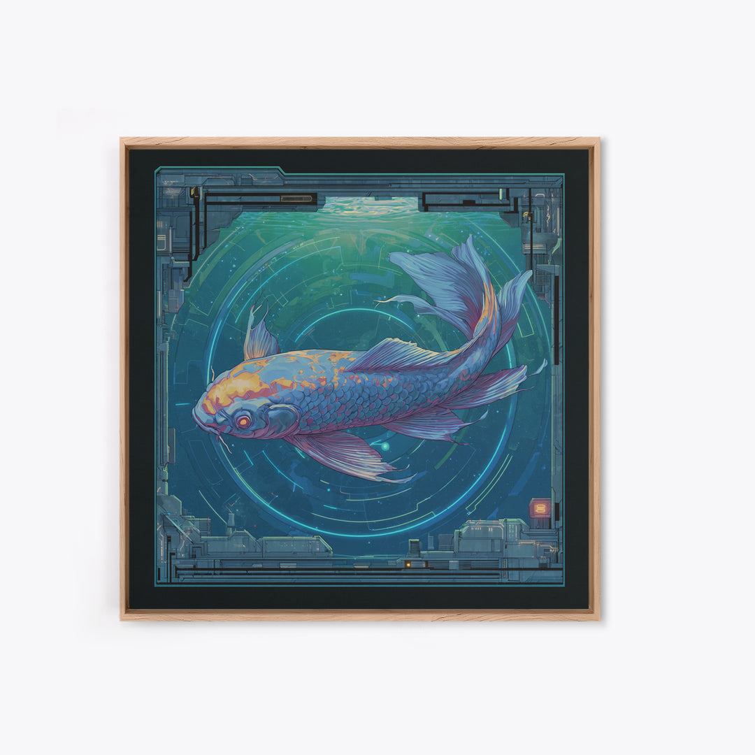 Cyberpunk Koi Swimming Through Electric Blue Water Canvas Print, Cyberpunk Art, Textured Painting, Living Room Decor, Neon, CYB-1x1-29