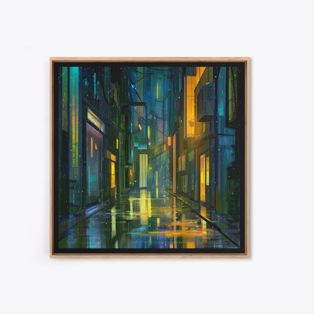 Rain Soaked Alley Framed Canvas Print, Cyberpunk Art, Gallery Decor, Living Room Decor, Fine Art, Neon, Wall Art, Home Decor, CYB-1x1-32