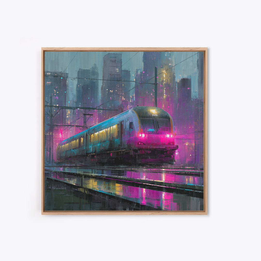 City Train Rushing Through Pink Electric Haze Framed Canvas Print, Cyberpunk Art, Boho Decor, Living Room Decor, Oil Painting, CYB-1x1-37