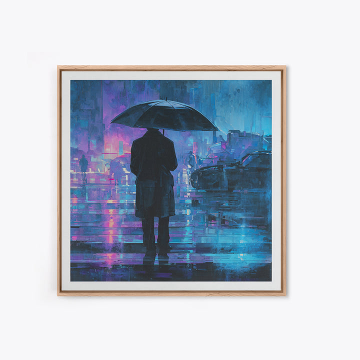 Glowing Umbrella Figure Framed Canvas Print, Cyberpunk Art, Cyberpunk Decor, Living Room Decor, Fine Art, Neon, Modern Decor, CYB-1x1-39