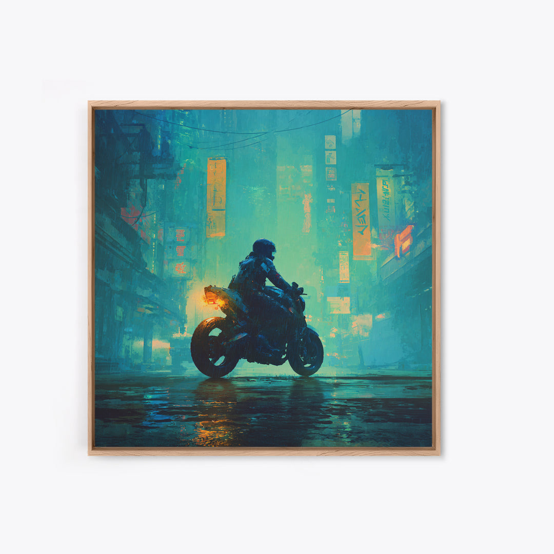 Motorcycle Rider under Holographic Signs Canvas Print, Cyberpunk Art, Home Decor, Living Room Decor, Neon, Japanese Wall Art, CYB-1x1-4
