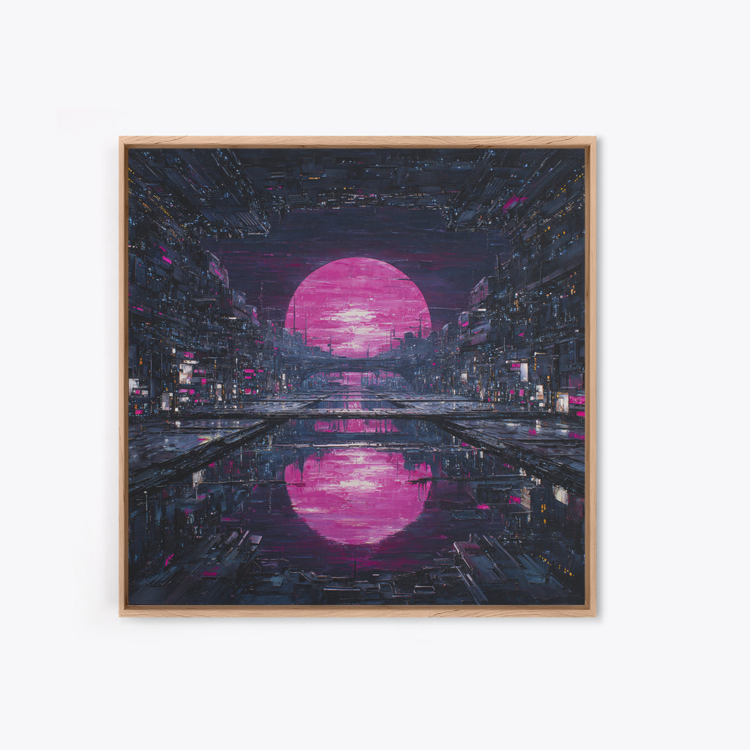 Dystopian Moon over Dense Rooftops Framed Canvas Print, Cyberpunk Art, Cyberpunk Helmet, Living Room Decor, Abstract Art, Neon, CYB-1x1-42