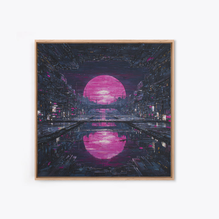 Dystopian Moon over Dense Rooftops Framed Canvas Print, Cyberpunk Art, Cyberpunk Helmet, Living Room Decor, Abstract Art, Neon, CYB-1x1-42