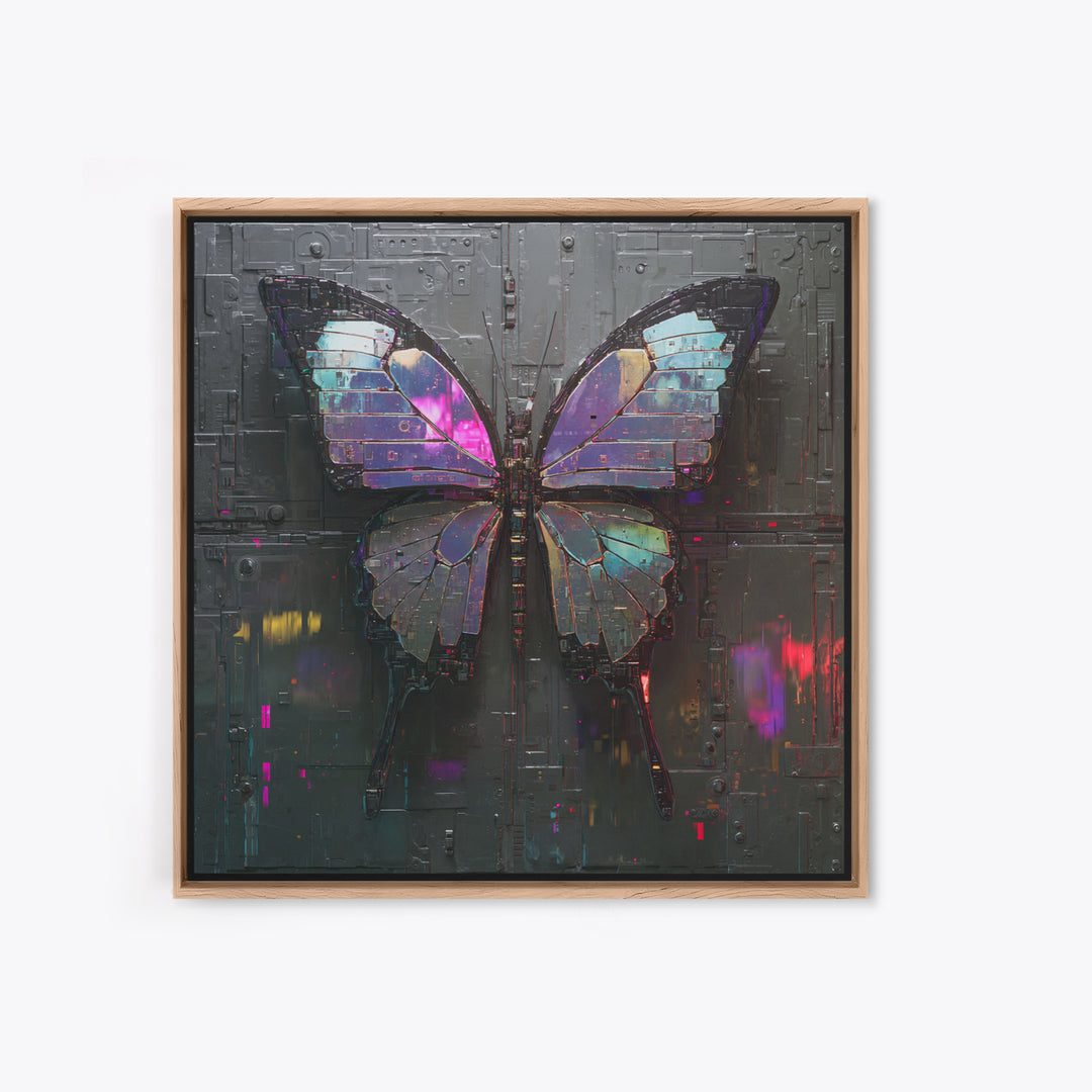 Holographic Butterfly over Black Metal Surface Framed Canvas Print, Cyberpunk Art, Man Cave Decor, Living Room Decor, Neon, CYB-1x1-43