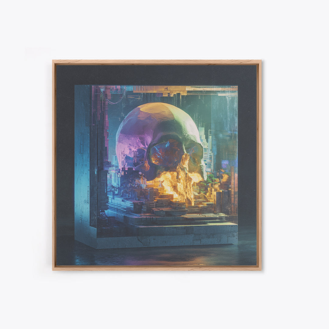 Cyberpunk Skull with Chrome and Violet Light Framed Canvas Print, Cyberpunk Art, Movie Posters, Living Room Decor, Neon, CYB-1x1-44