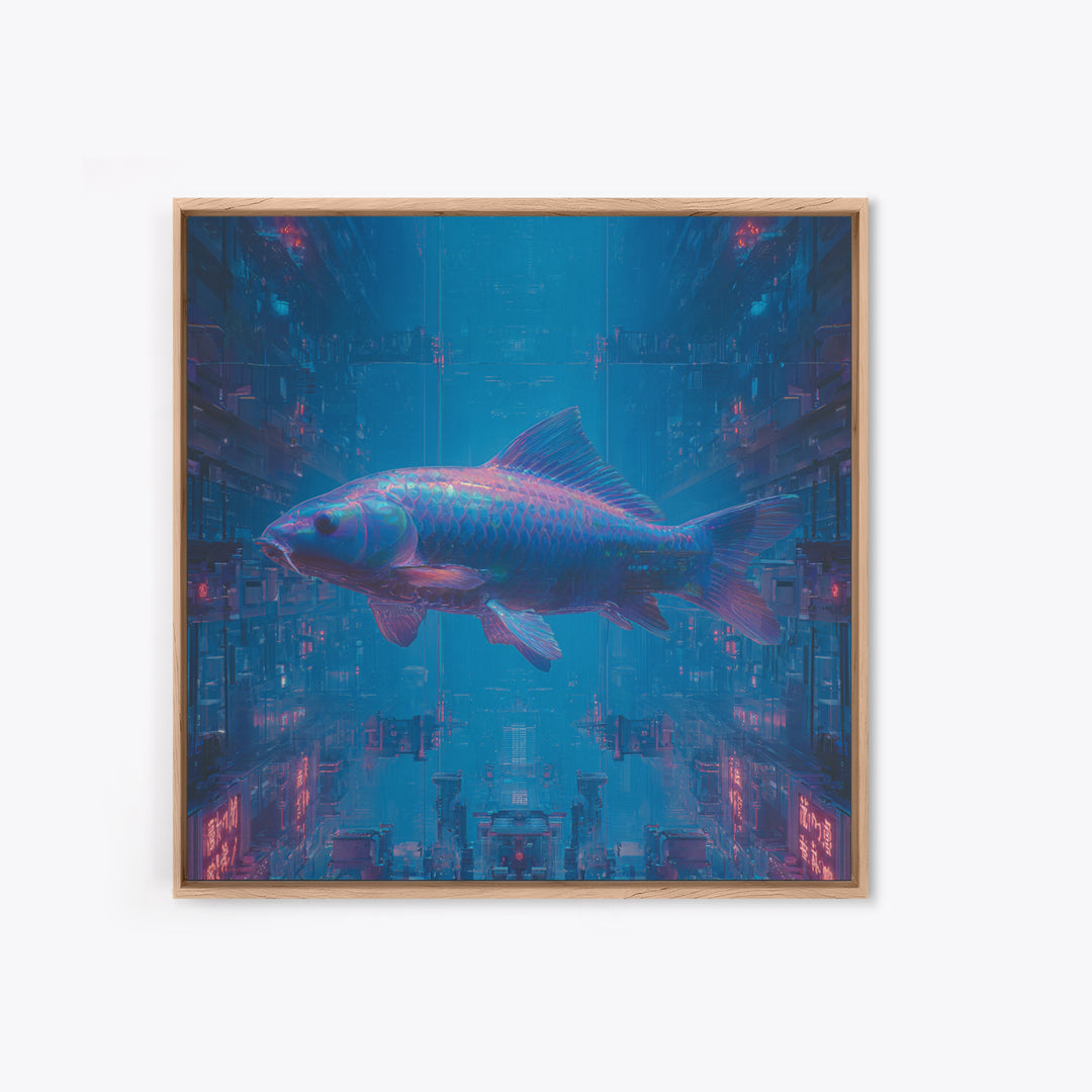 Cyberpunk Koi Swimming Through Electric Blue Water Canvas Print, Cyberpunk Art, Fine Art Print, Living Room Decor, Neon, CYB-1x1-5
