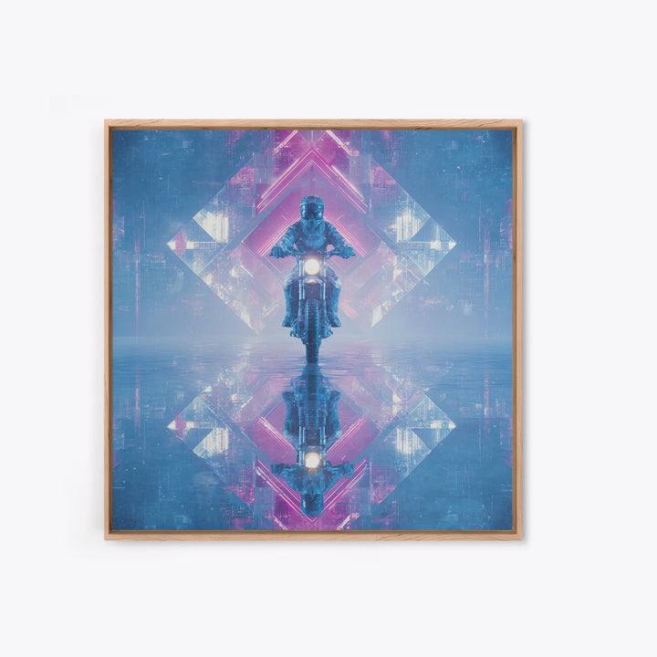 Motorcycle Rider under Holographic Signs Framed Canvas Print, Cyberpunk Art, Cool Wall Art, Living Room Decor, Fine Art, Neon, CYB-1x1-52