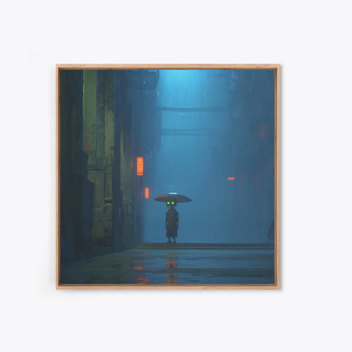 Glowing Umbrella Figure Framed Canvas Print, Cyberpunk Art, Neutral Decor, Living Room Decor, Fine Art, Neon, Home Decor, CYB-1x1-63