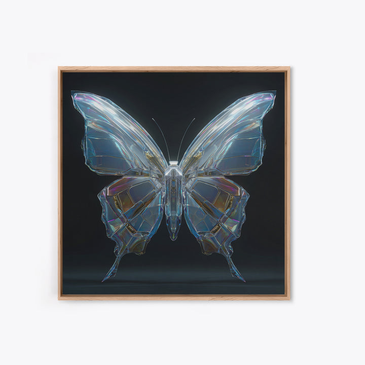 Holographic Butterfly over Black Metal Surface Framed Canvas Print, Cyberpunk Art, Modern Decor, Living Room Decor, Neon, CYB-1x1-67