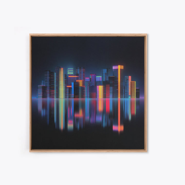 Neon Skyline Reflected Framed Canvas Print, Cyberpunk Art, Minimalist Poster, Living Room Decor, Fine Art, Neon, CYB-1x1-70