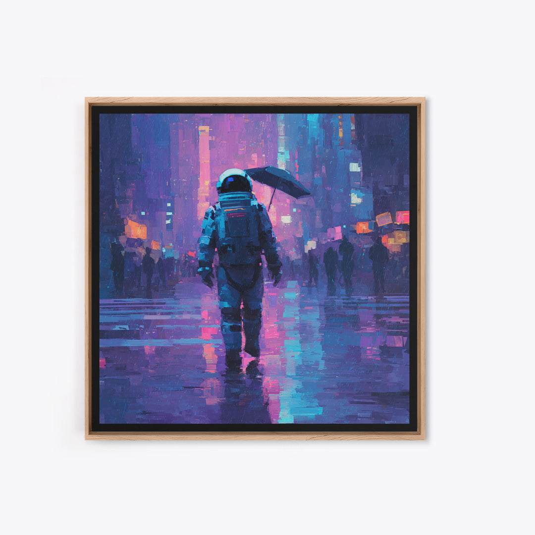 Astronaut Street Wanderer Framed Canvas Print, Cyberpunk Art, Cyberpunk Tarot, Living Room Decor, Fine Art, Neon, CYB-1x1-71