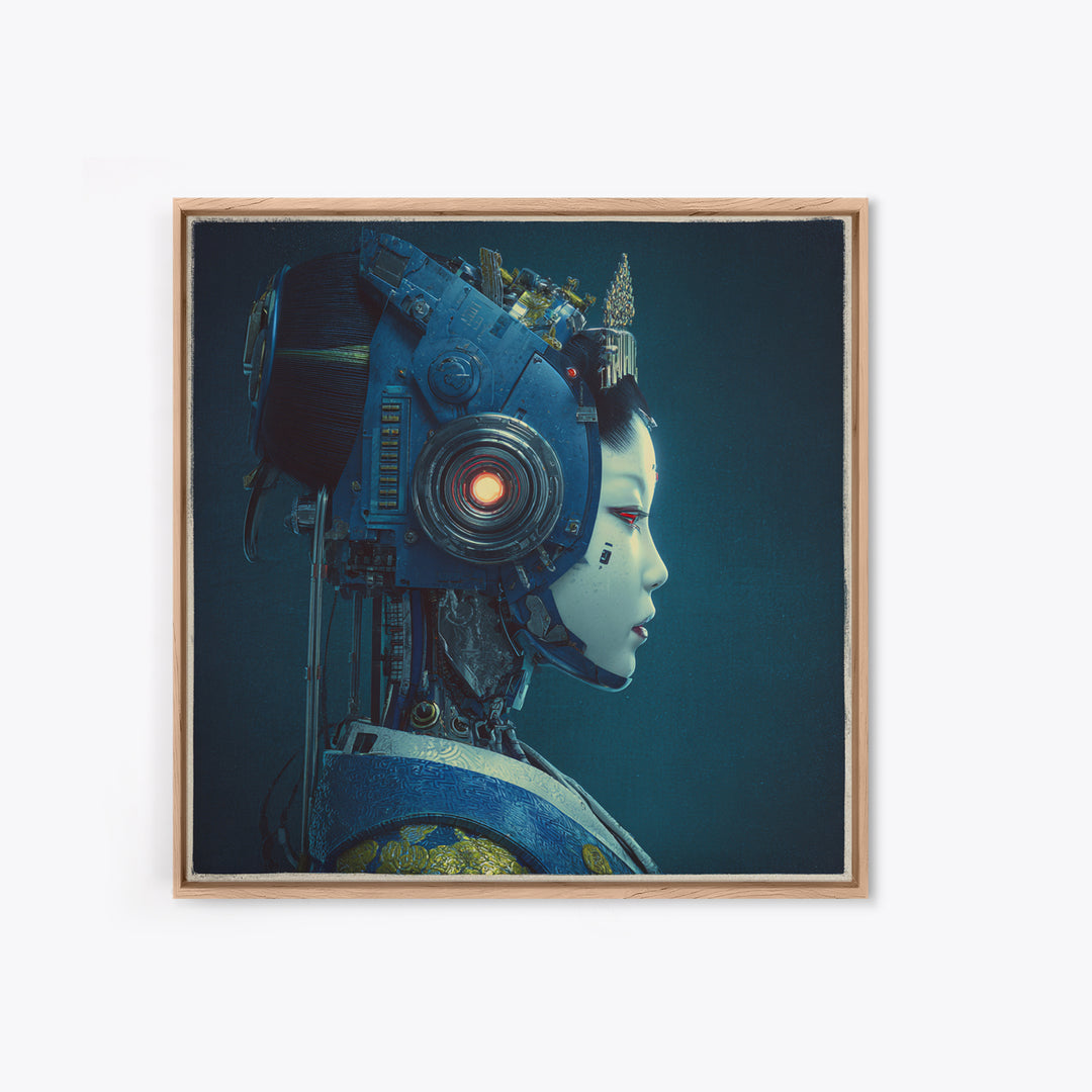 Robot Geisha Portrait Framed Canvas Print, Cyberpunk Art, Boho Decor, Living Room Decor, Fine Art, Neon, Art Print, Digital Art, CYB-1x1-79