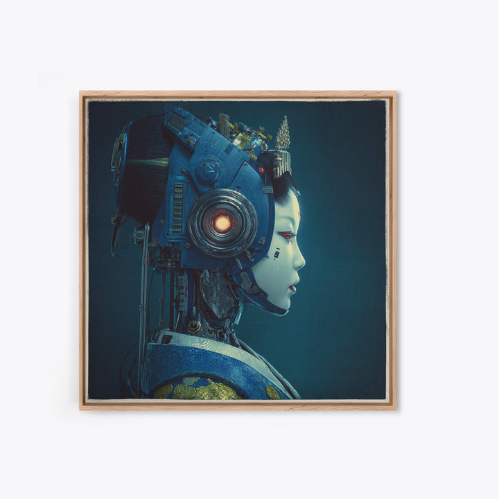 Robot Geisha Portrait Framed Canvas Print, Cyberpunk Art, Boho Decor, Living Room Decor, Fine Art, Neon, Art Print, Digital Art, CYB-1x1-79
