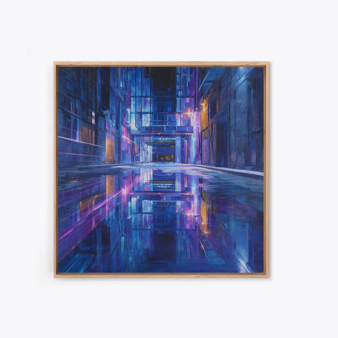 Rain Soaked Alley Framed Canvas Print, Cyberpunk Art, Fine Art Print, Living Room Decor, Abstract Art, Neon, Wall Decor, CYB-1x1-80