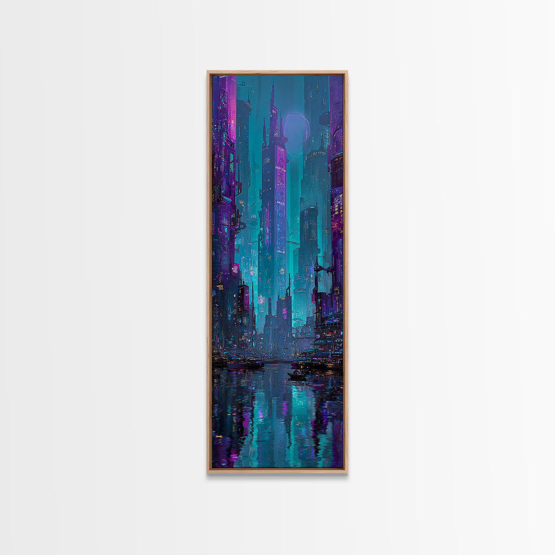 Futuristic City Skyline Canvas Print, Cyberpunk Art, Gallery Decor, Living Room Decor, Fine Art, Neon, Wall Art, Home Decor, CYB-1x3-14