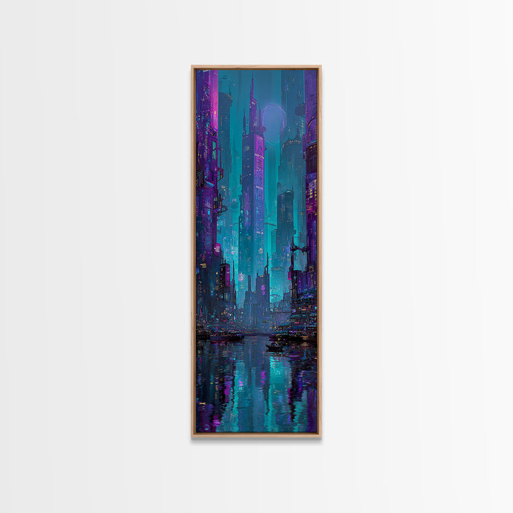 Futuristic City Skyline Canvas Print, Cyberpunk Art, Gallery Decor, Living Room Decor, Fine Art, Neon, Wall Art, Home Decor, CYB-1x3-14