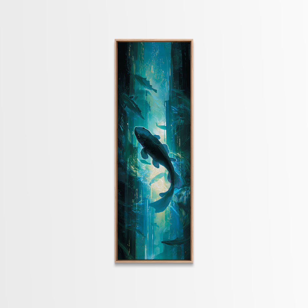 Cyberpunk Koi Swimming Through Electric Blue Water Canvas Print, Cyberpunk Art, Poster, Living Room Decor, Fine Art, Neon, CYB-1x3-17