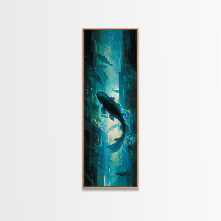 Cyberpunk Koi Swimming Through Electric Blue Water Canvas Print, Cyberpunk Art, Poster, Living Room Decor, Fine Art, Neon, CYB-1x3-17
