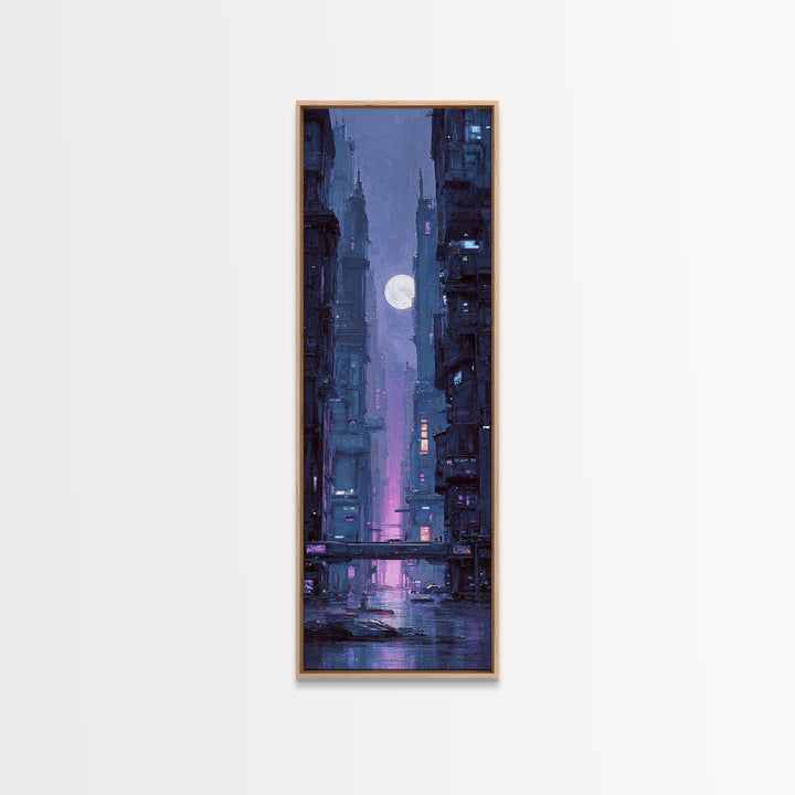 Dystopian Moon over Dense Rooftops Framed Canvas Print, Cyberpunk Art, Fantasy Art, Living Room Decor, Oil Painting, Neon, CYB-1x3-30