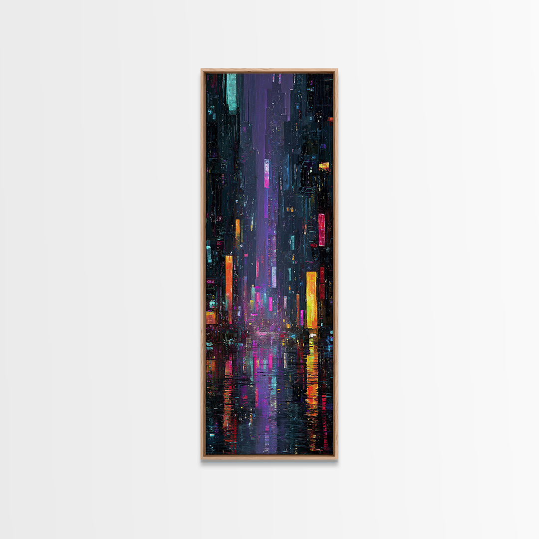 Neon Skyline Reflected Framed Canvas Print, Cyberpunk Art, Modern Wall Decor, Living Room Decor, Abstract Art, Neon, CYB-1x3-34
