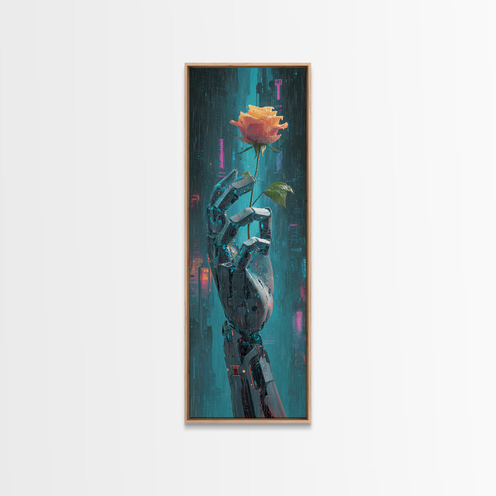 Robotic Hand Holding a Real Rose Framed Canvas Print, Cyberpunk Art, Minimalist Decor, Living Room Decor, Fine Art, Neon, CYB-1x3-4