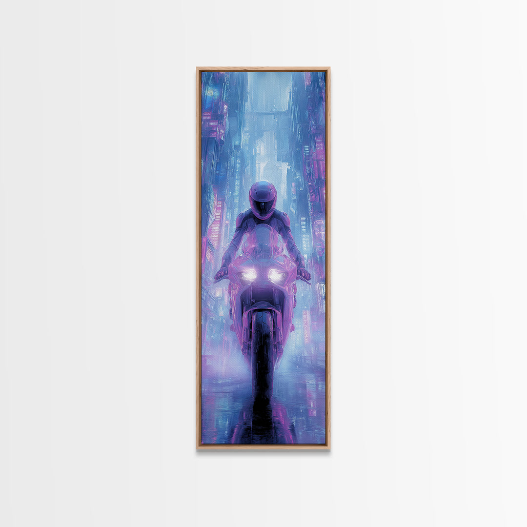 Motorcycle Rider under Holographic Signs Canvas Print, Cyberpunk Art, Abstract Art, Living Room Decor, Fine Art, Neon, CYB-1x3-40