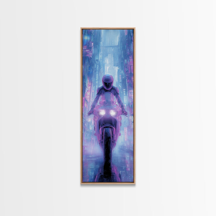 Motorcycle Rider under Holographic Signs Canvas Print, Cyberpunk Art, Abstract Art, Living Room Decor, Fine Art, Neon, CYB-1x3-40