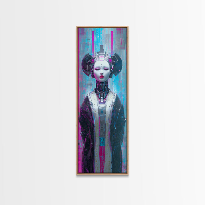 Robot Geisha Portrait Canvas Print, Cyberpunk Art, Cool Wall Art, Living Room Decor, Neon, Gallery Decor, Neutral Decor, CYB-1x3-43