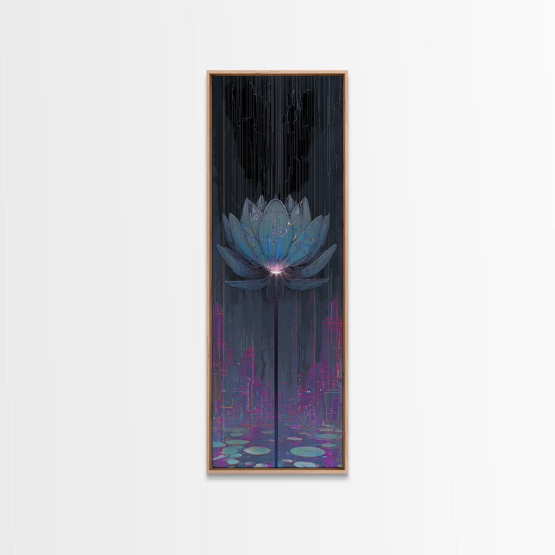 Electric Lotus Flower Framed Canvas Print, Cyberpunk Art, Textured Painting, Living Room Decor, Neon, Digital Wall Art, CYB-1x3-53