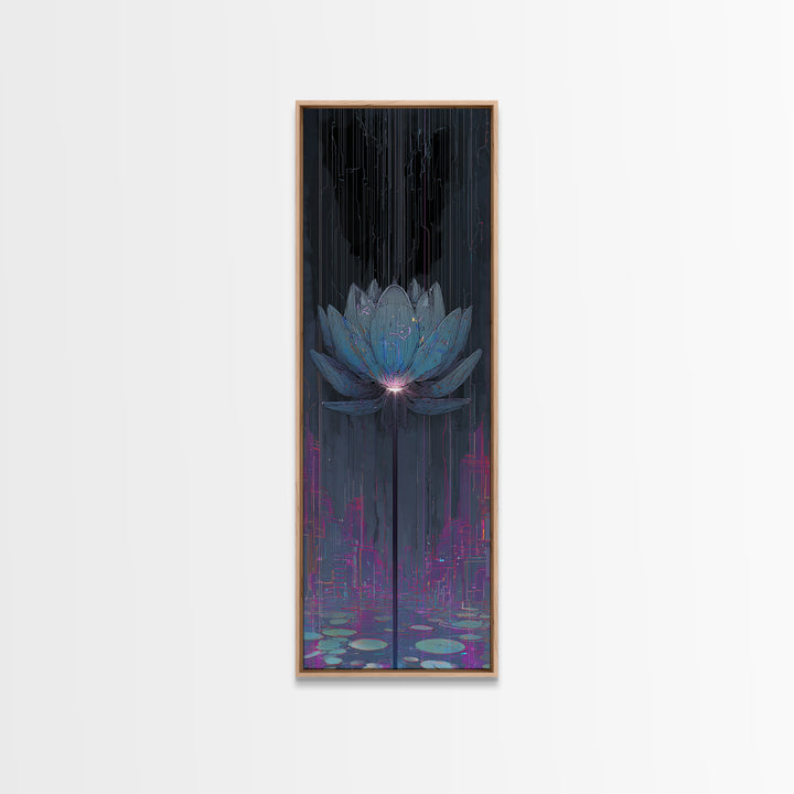 Electric Lotus Flower Framed Canvas Print, Cyberpunk Art, Textured Painting, Living Room Decor, Neon, Digital Wall Art, CYB-1x3-53
