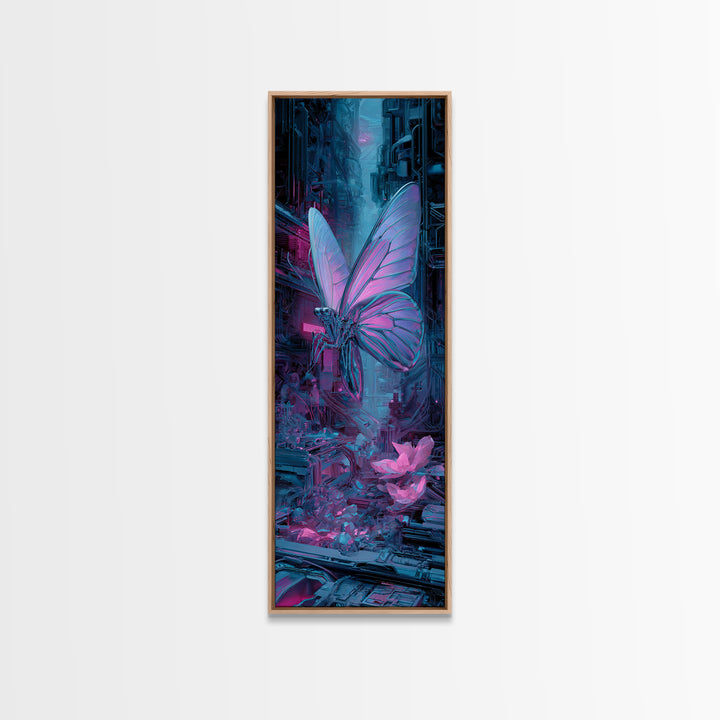 Holographic Butterfly over Black Metal Surface Canvas Print, Cyberpunk Art, Man Cave Decor, Living Room Decor, Fine Art, Neon, CYB-1x3-55