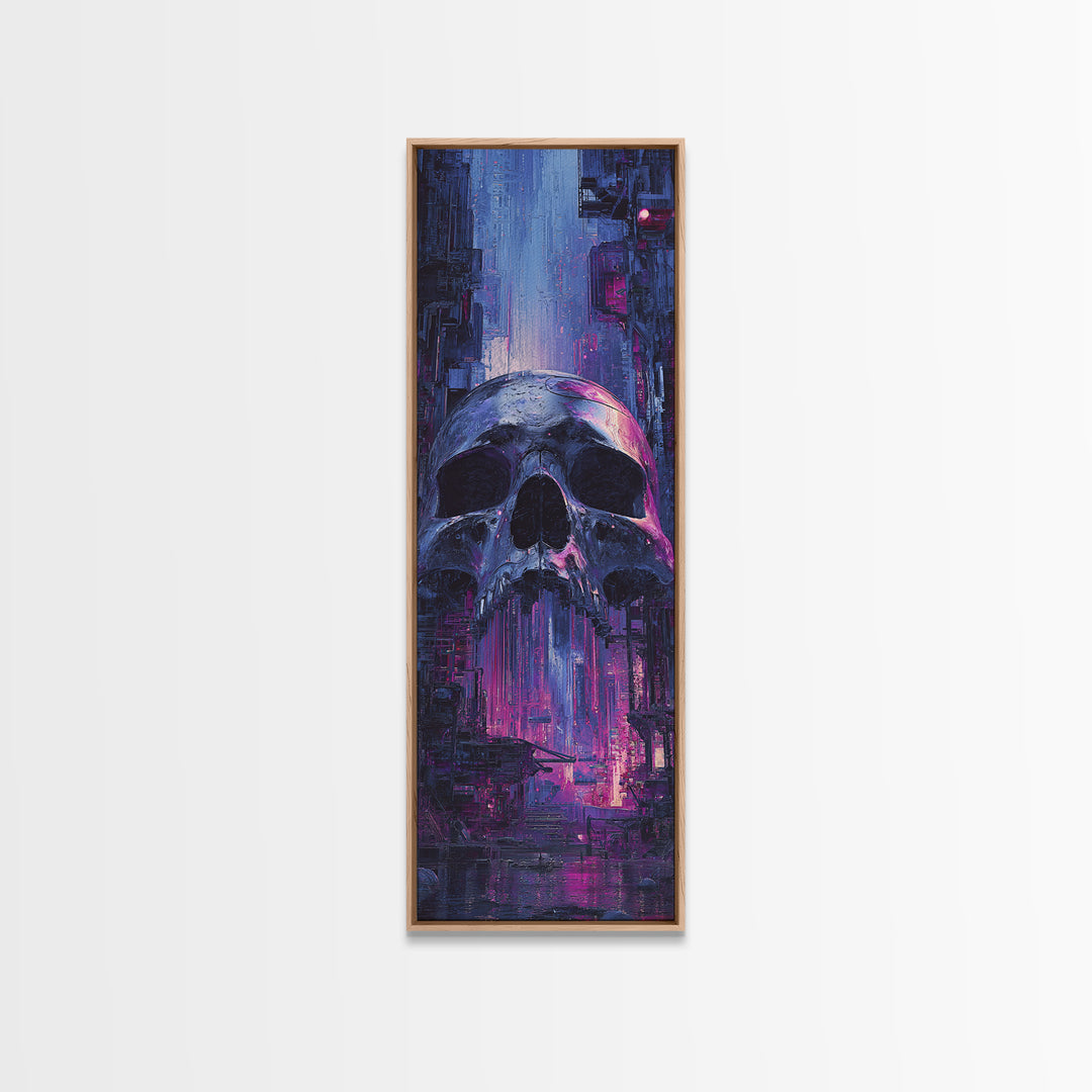 Cyberpunk Skull with Chrome and Violet Light Canvas Print, Cyberpunk Art, Modern Art, Living Room Decor, Fine Art, Neon, CYB-1x3-56