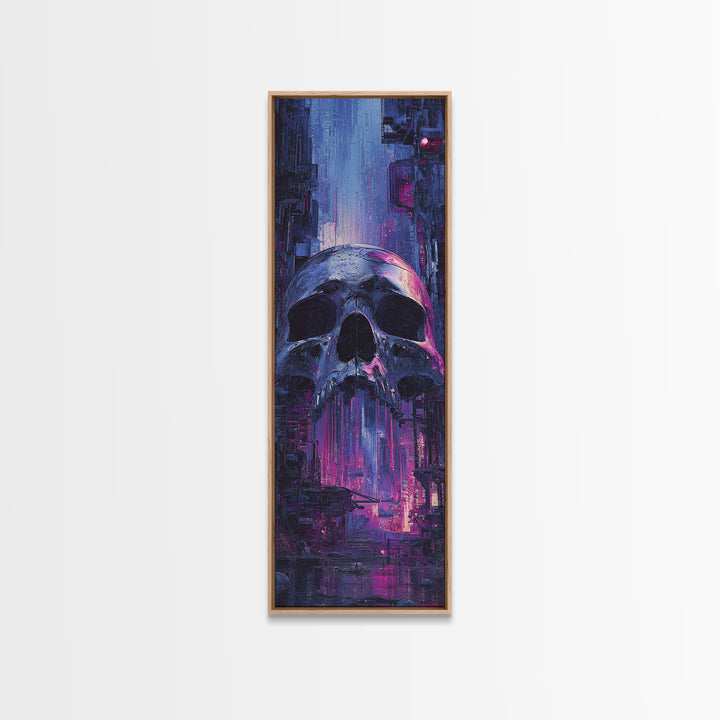 Cyberpunk Skull with Chrome and Violet Light Canvas Print, Cyberpunk Art, Modern Art, Living Room Decor, Fine Art, Neon, CYB-1x3-56