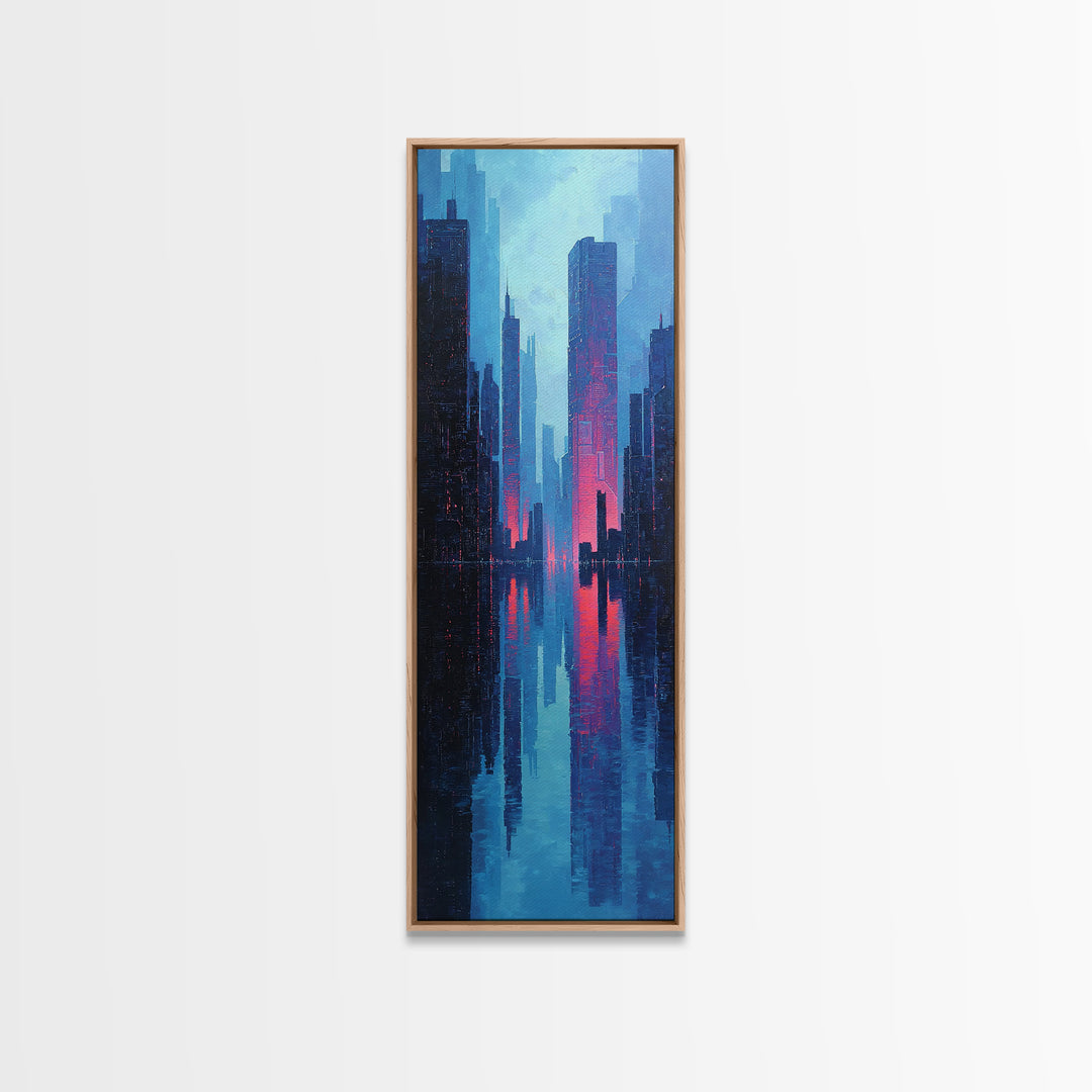 Neon Skyline Reflected Framed Canvas Print, Cyberpunk Art, Modern Wall Decor, Living Room Decor, Abstract Art, Neon, CYB-1x3-58