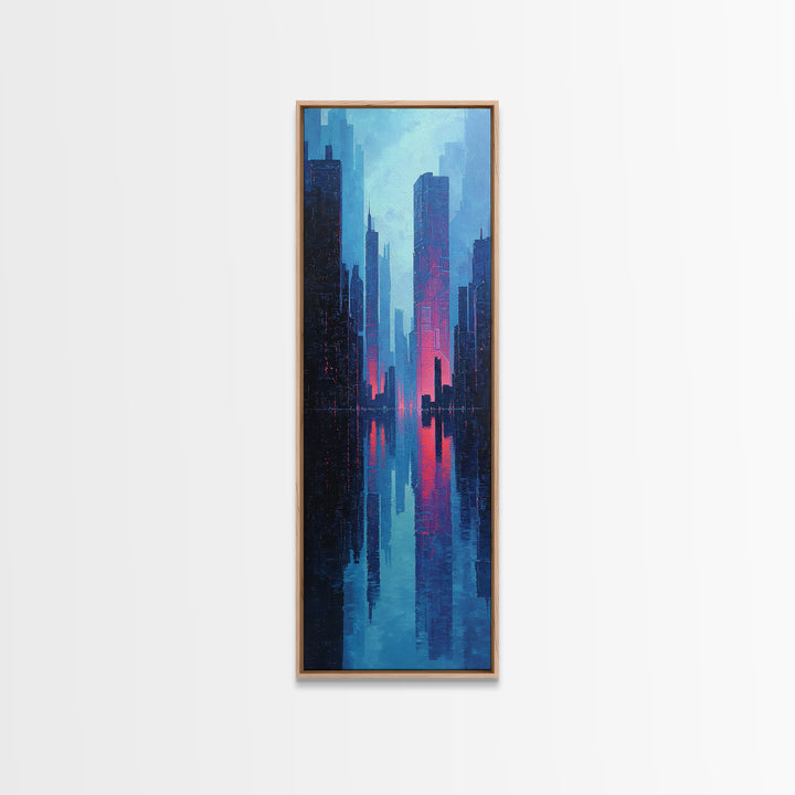 Neon Skyline Reflected Framed Canvas Print, Cyberpunk Art, Modern Wall Decor, Living Room Decor, Abstract Art, Neon, CYB-1x3-58
