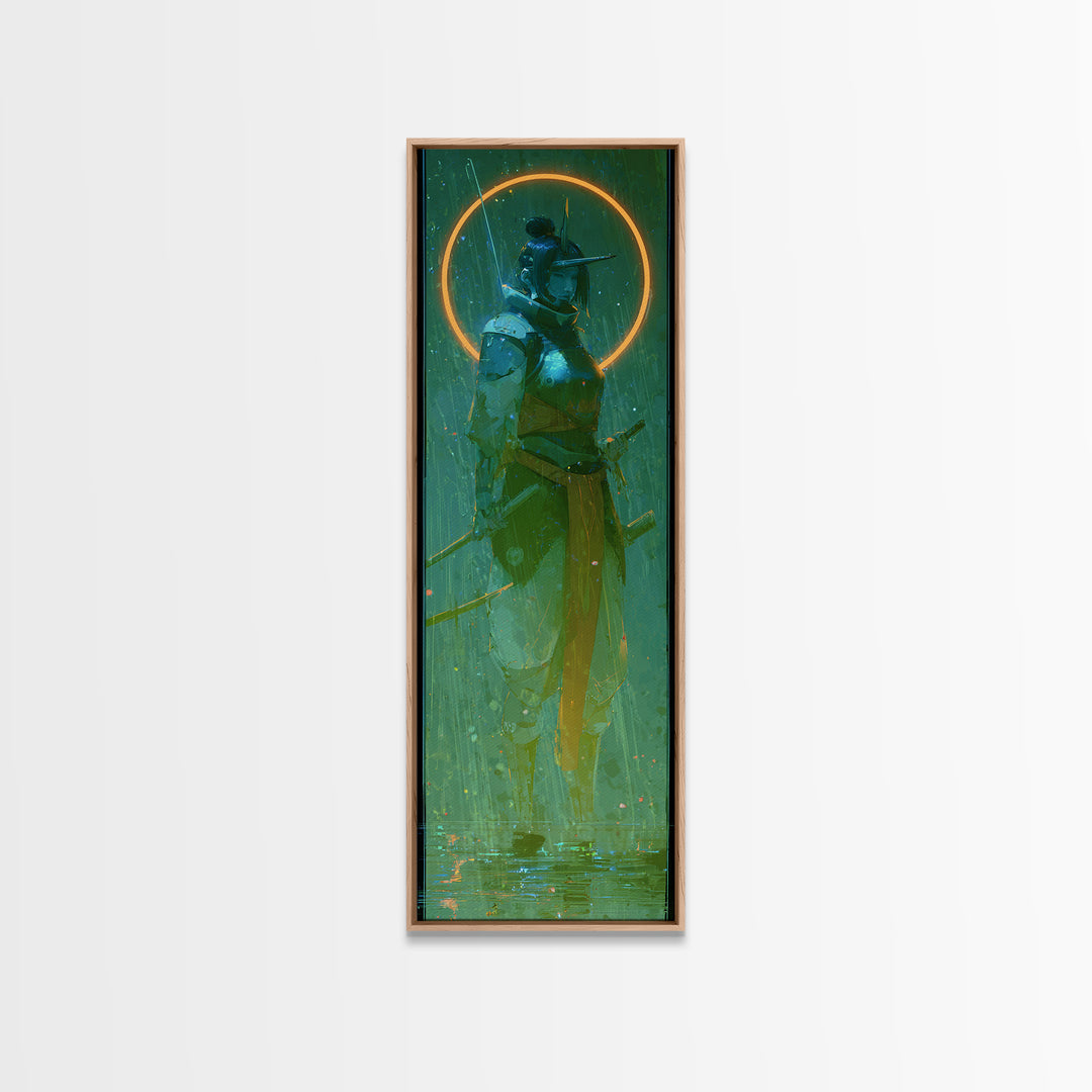 Neon Samurai Portrait Framed Canvas Print, Cyberpunk Art, Cyberpunk, Living Room Decor, Neon, Modern Art, Blue Wall Art, CYB-1x3-61