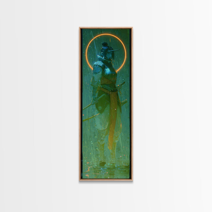 Neon Samurai Portrait Framed Canvas Print, Cyberpunk Art, Cyberpunk, Living Room Decor, Neon, Modern Art, Blue Wall Art, CYB-1x3-61