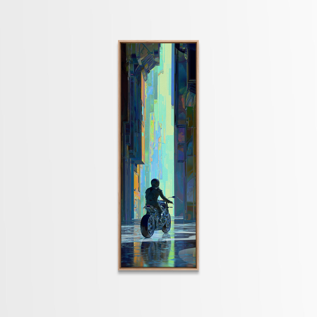 Motorcycle Rider under Holographic Signs Framed Canvas Print, Cyberpunk Art, Cool Wall Art, Living Room Decor, Fine Art, Neon, CYB-1x3-64