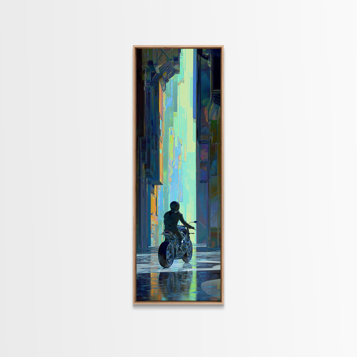 Motorcycle Rider under Holographic Signs Framed Canvas Print, Cyberpunk Art, Cool Wall Art, Living Room Decor, Fine Art, Neon, CYB-1x3-64
