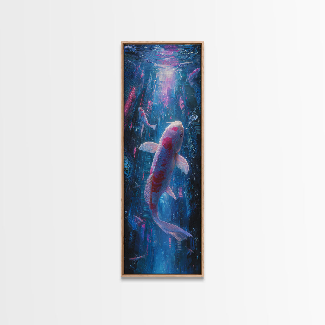 Cyberpunk Koi Swimming Through Electric Blue Water Canvas Print, Cyberpunk Art, Art Print, Living Room Decor, Fine Art, Neon, CYB-1x3-65