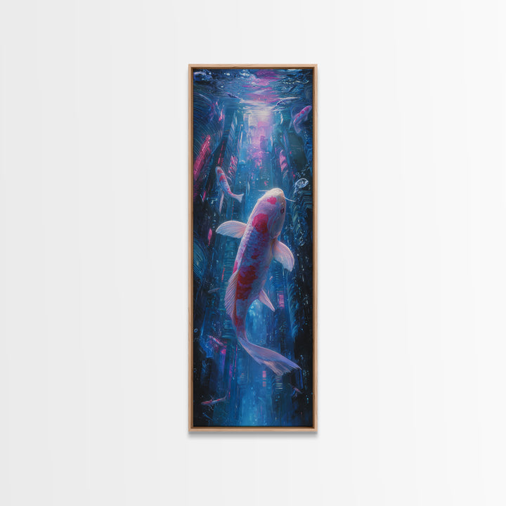 Cyberpunk Koi Swimming Through Electric Blue Water Canvas Print, Cyberpunk Art, Art Print, Living Room Decor, Fine Art, Neon, CYB-1x3-65