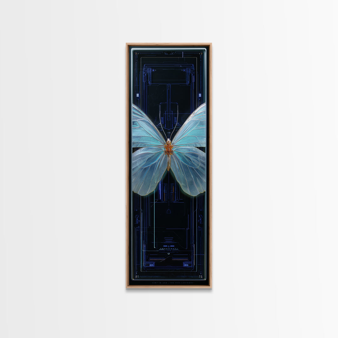 Holographic Butterfly over Black Metal Surface Canvas Print, Cyberpunk Art, Gothic Decor, Living Room Decor, Oil Painting, Neon, CYB-1x3-7