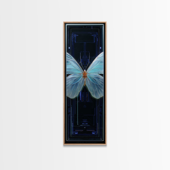 Holographic Butterfly over Black Metal Surface Canvas Print, Cyberpunk Art, Gothic Decor, Living Room Decor, Oil Painting, Neon, CYB-1x3-7