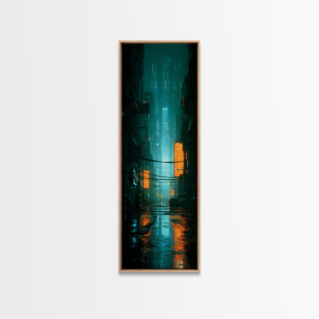 Retro Arcade Dystopia Framed Canvas Print, Cyberpunk Art, Modern Decor, Living Room Decor, Fine Art, Neon, Poster, Wall Decor, CYB-1x3-70