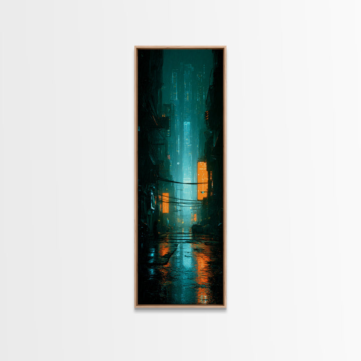 Retro Arcade Dystopia Framed Canvas Print, Cyberpunk Art, Modern Decor, Living Room Decor, Fine Art, Neon, Poster, Wall Decor, CYB-1x3-70