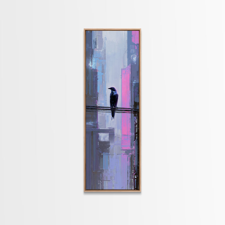 Cybernetic Raven Perched on a Cable Framed Canvas Print, Cyberpunk Art, Gallery Decor, Living Room Decor, Fine Art, Neon, CYB-1x3-71