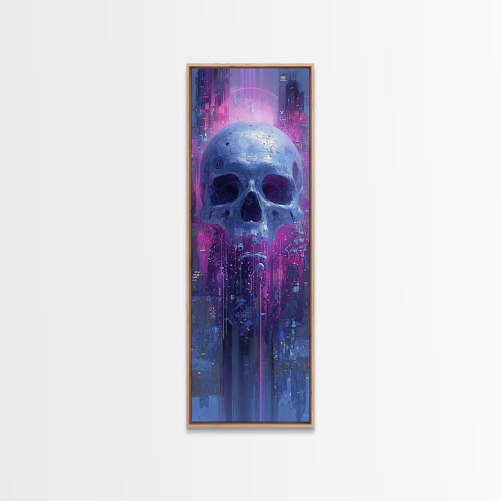 Cyberpunk Skull with Chrome and Violet Light Framed Canvas Print, Cyberpunk Art, Contemporary Art, Living Room Decor, Neon, CYB-1x3-8