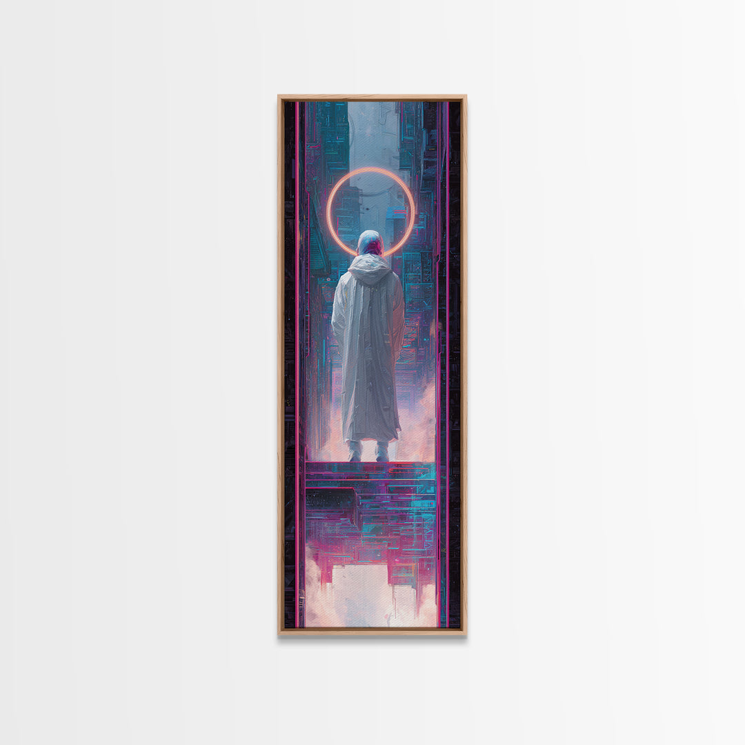 Masked Hacker Figure Canvas Print, Cyberpunk Art, Wall Art, Living Room Decor, Oil Painting, Neon, Abstract Art, CYB-1x3-90