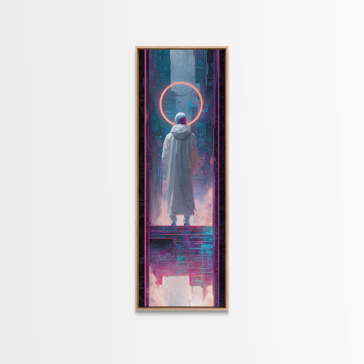 Masked Hacker Figure Canvas Print, Cyberpunk Art, Wall Art, Living Room Decor, Oil Painting, Neon, Abstract Art, CYB-1x3-90